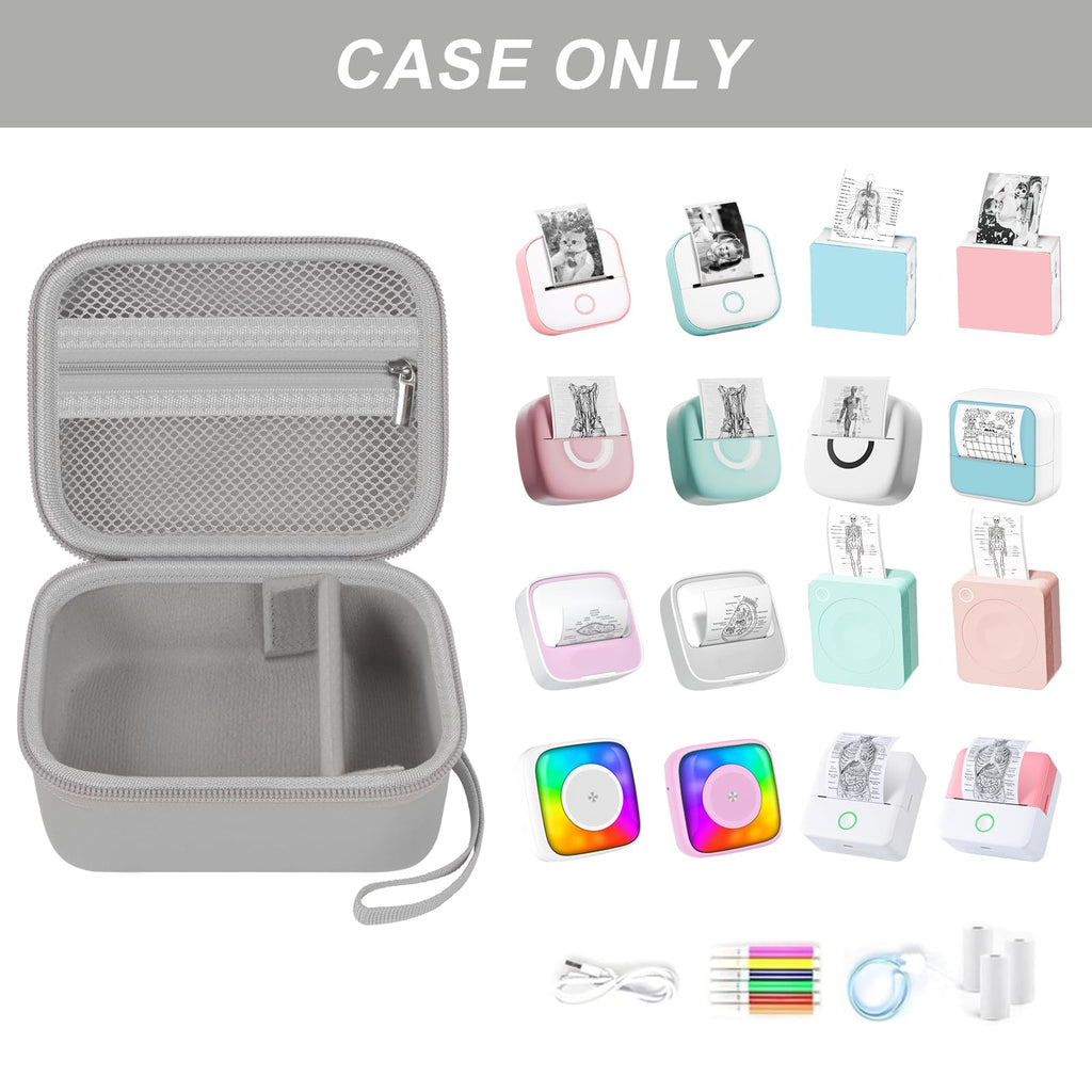 Open gray mini label printer case shown with compatible for Memoking and for Phomemo printers; case only