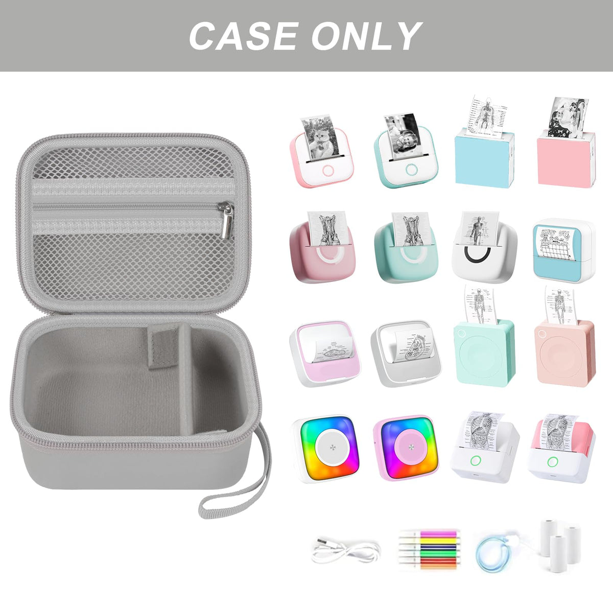 Open gray mini label printer case shown with compatible for Memoking and for Phomemo printers; case only