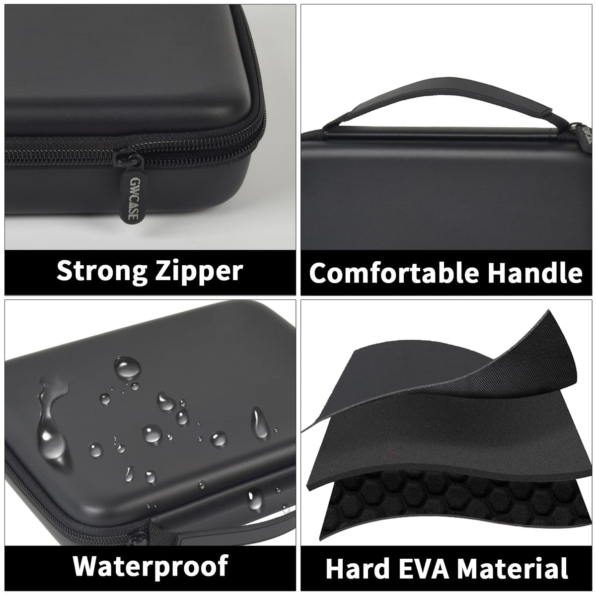 Gray jewelry case with strong zipper, handle, water-resistant shell, and hard EVA construction
