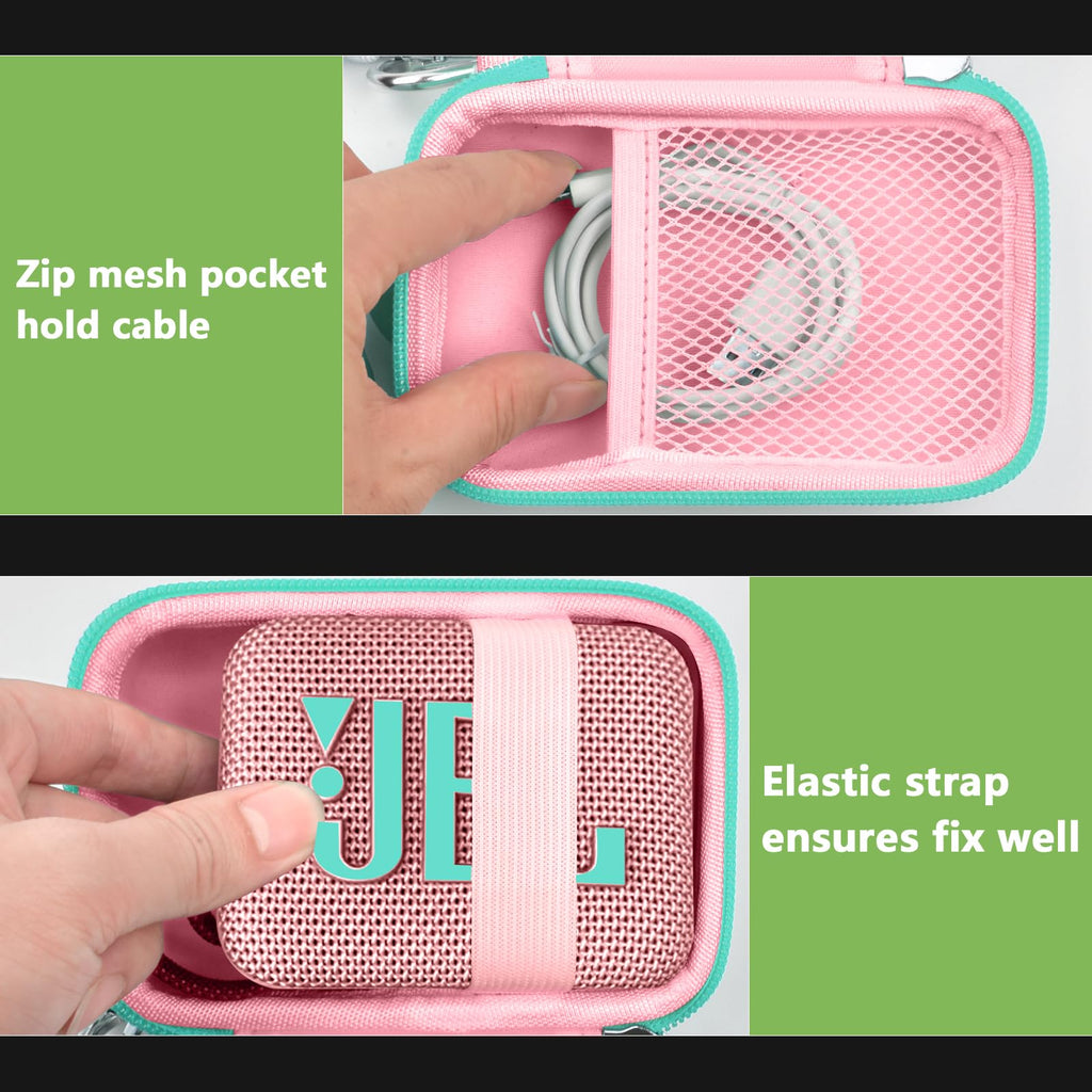 Pink and mint green speaker case interior with mesh cable pocket and elastic strap holding a for JBL Go speaker