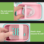 Pink and mint green speaker case interior with mesh cable pocket and elastic strap holding a for JBL Go speaker