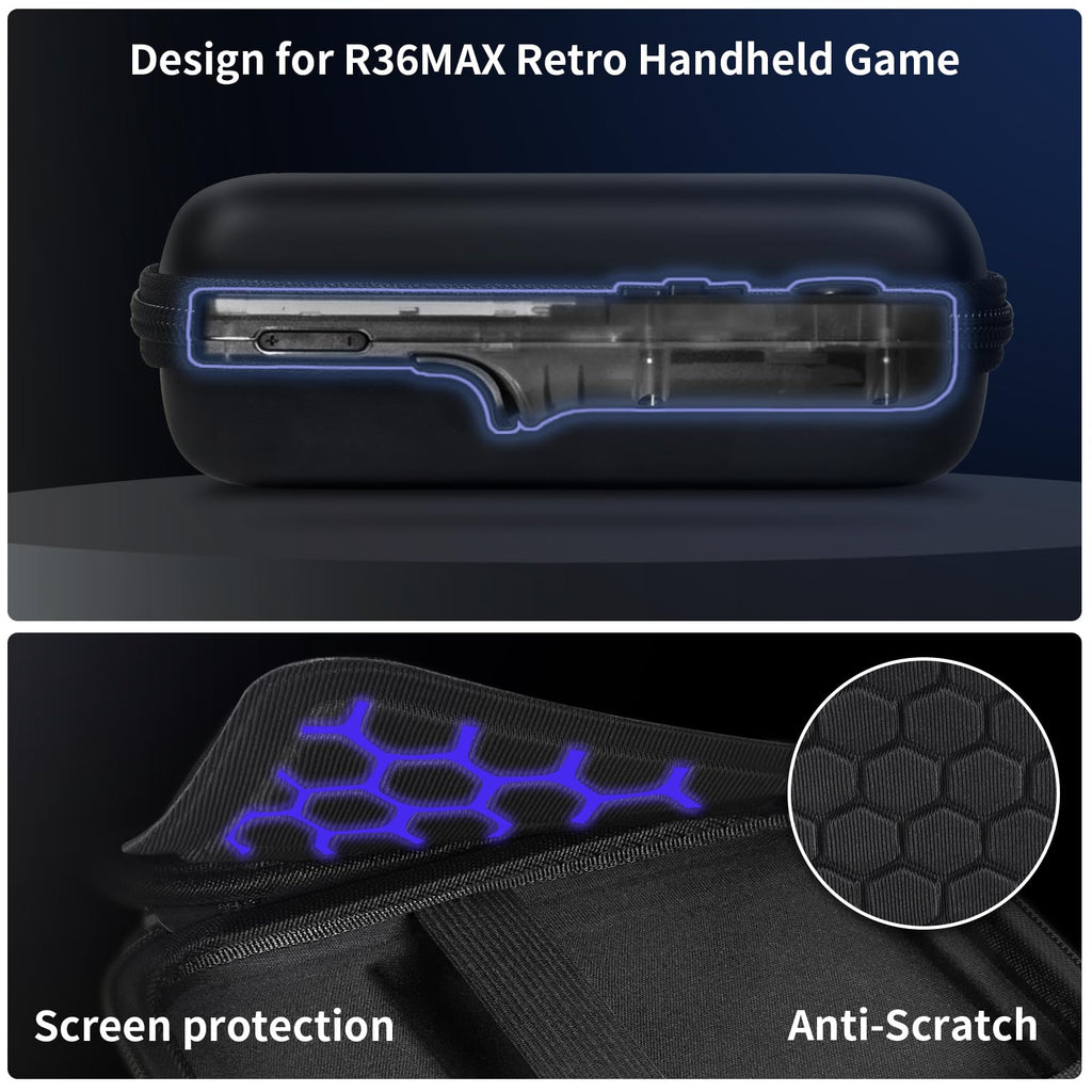 Black retro handheld console carrying case for R36MAX and R36 PRO protective molded shell and scratch-resistant lining detail