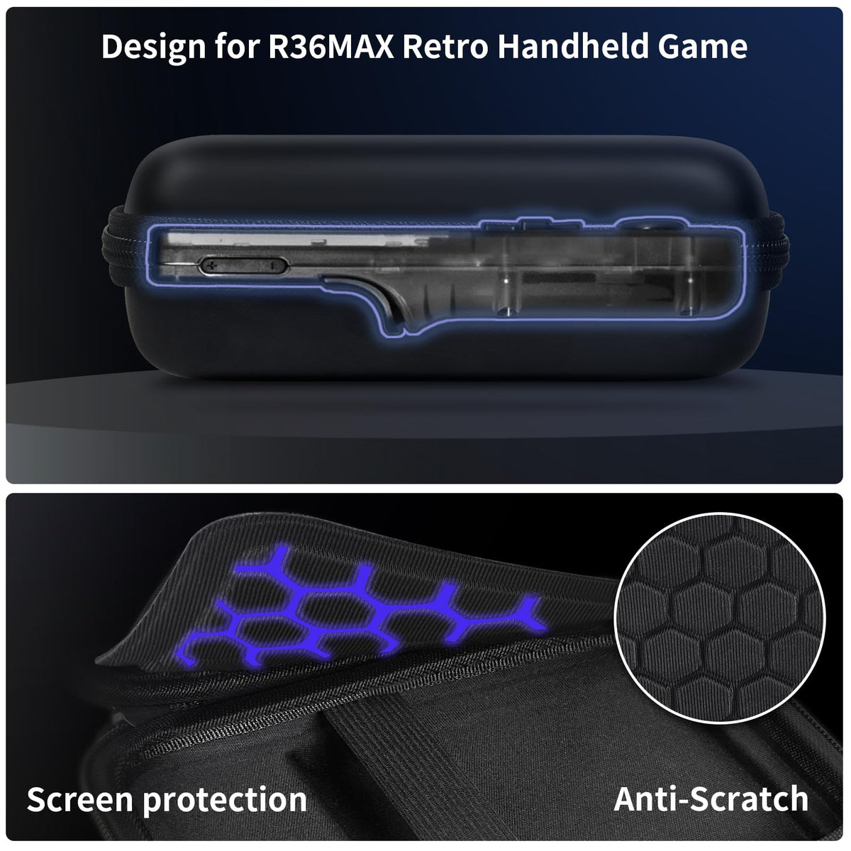 Black retro handheld console carrying case for R36MAX and R36 PRO protective molded shell and scratch-resistant lining detail