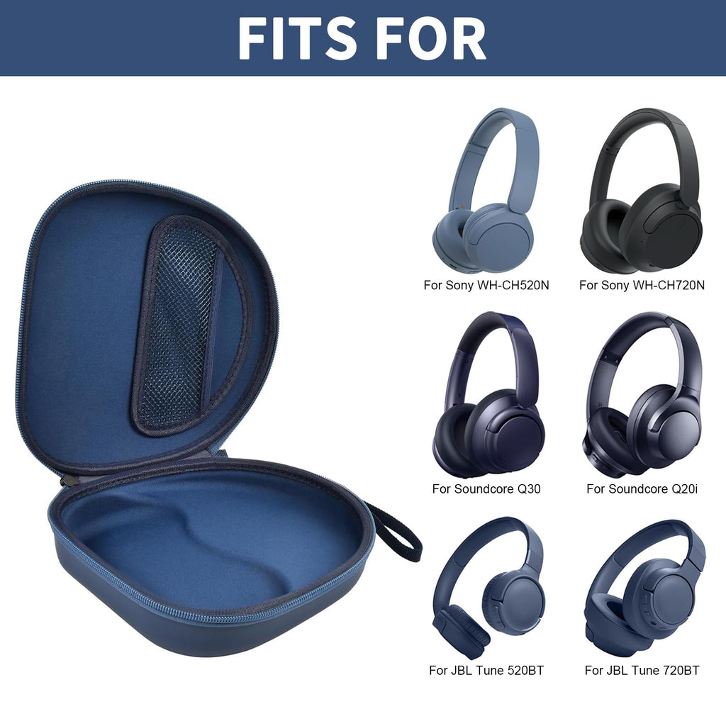 Open navy blue headphone case shown with compatible for Sony and for JBL over-ear headphones