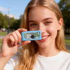 Light blue silicone case for Kodak Charmera keychain camera shown with a woman holding the camera on its keychain