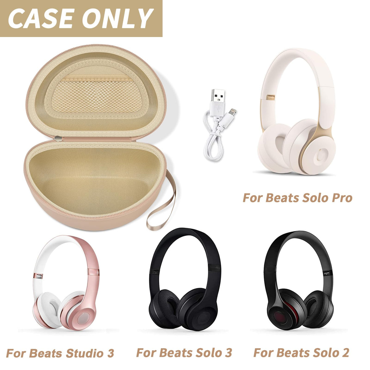 Open beige foldable headphone case shown with compatible for Beats Solo and Studio headphones; case only