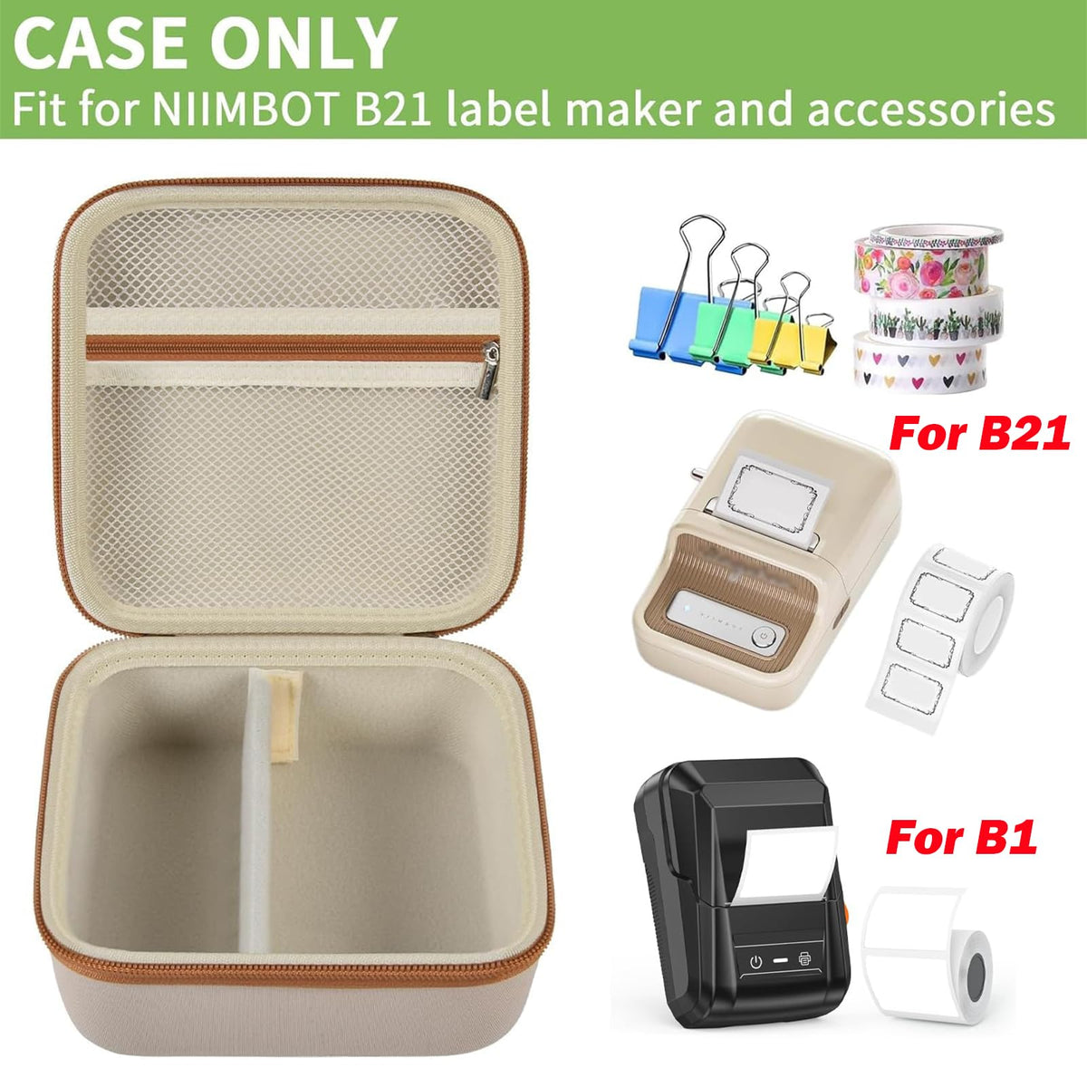 Open beige for NIIMBOT B21 and B1 label maker case with mesh pocket and divided interior; case only