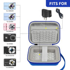 Open blue compact camera case shown with compatible for Kodak, for Canon, and for Sony cameras