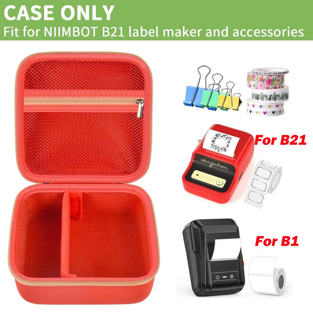 Open red for NIIMBOT B21 and B1 label maker case with mesh pocket and divided interior; case only