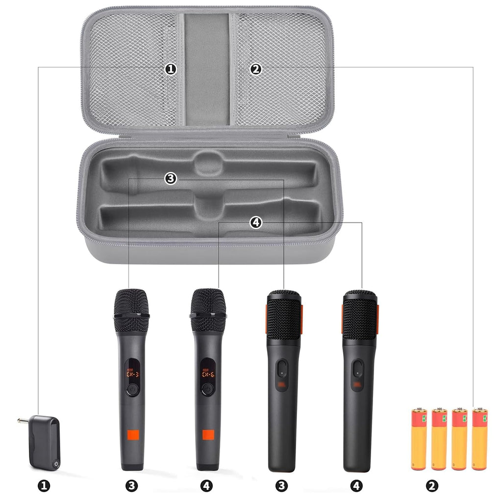 Open light gray for JBL PartyBox wireless microphone case with dual mic compartments and battery storage
