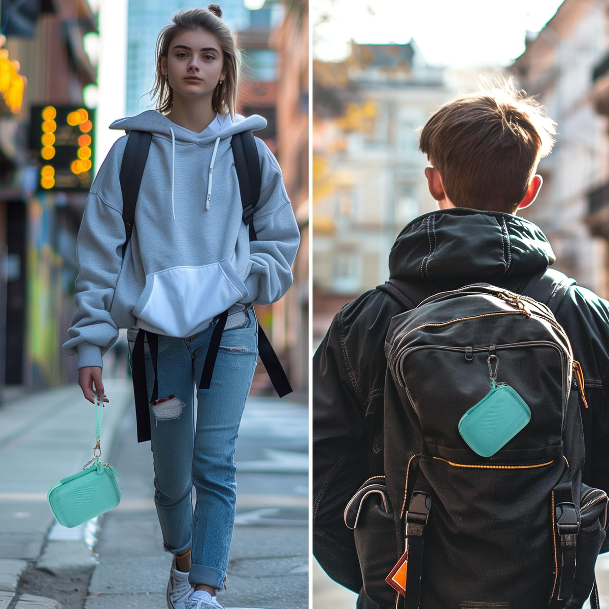 Mint green for JBL Go speaker case carried by hand and attached to a backpack