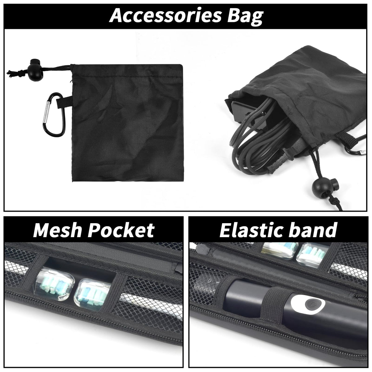Black slim toothbrush case with accessory pouch, mesh pocket, and elastic retaining band