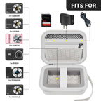 Open white compact camera case shown with compatible for Kodak, for Canon, and for Sony cameras