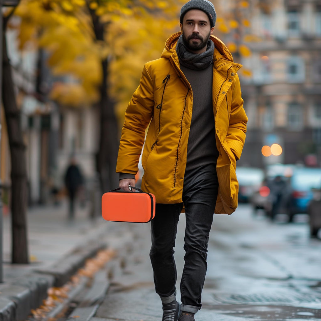 Person carrying the orange dual microphone case by its top handle