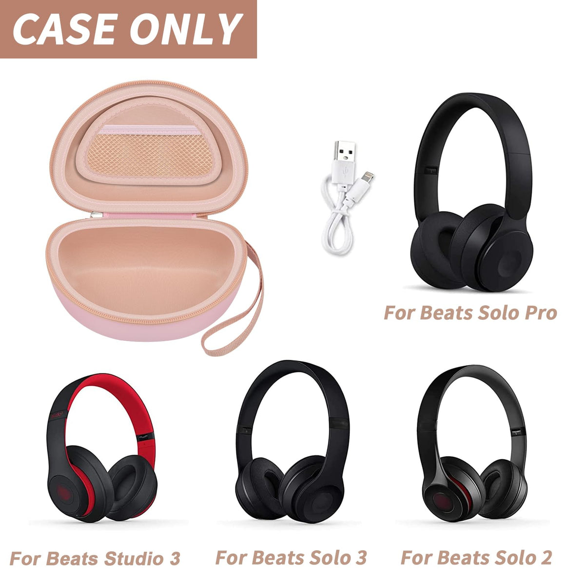 Open pink foldable headphone case shown with compatible for Beats Solo and Studio headphones; case only