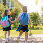 Khaki protective digital camera case shown carried by children on an outdoor walk