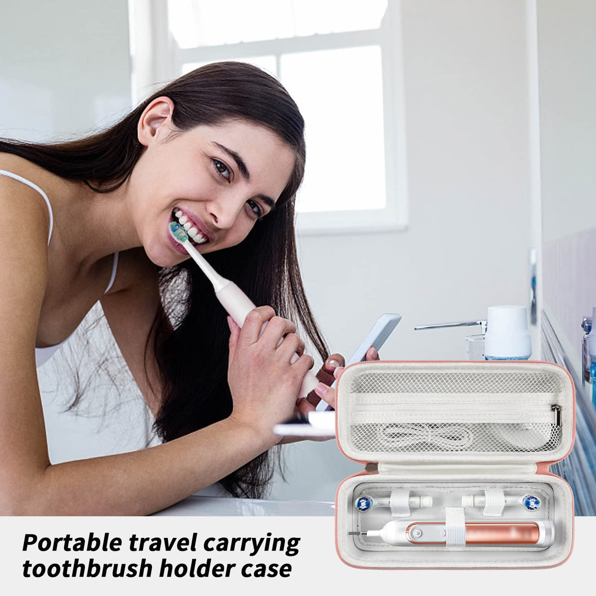 Woman using an electric toothbrush beside the open rose gold travel case