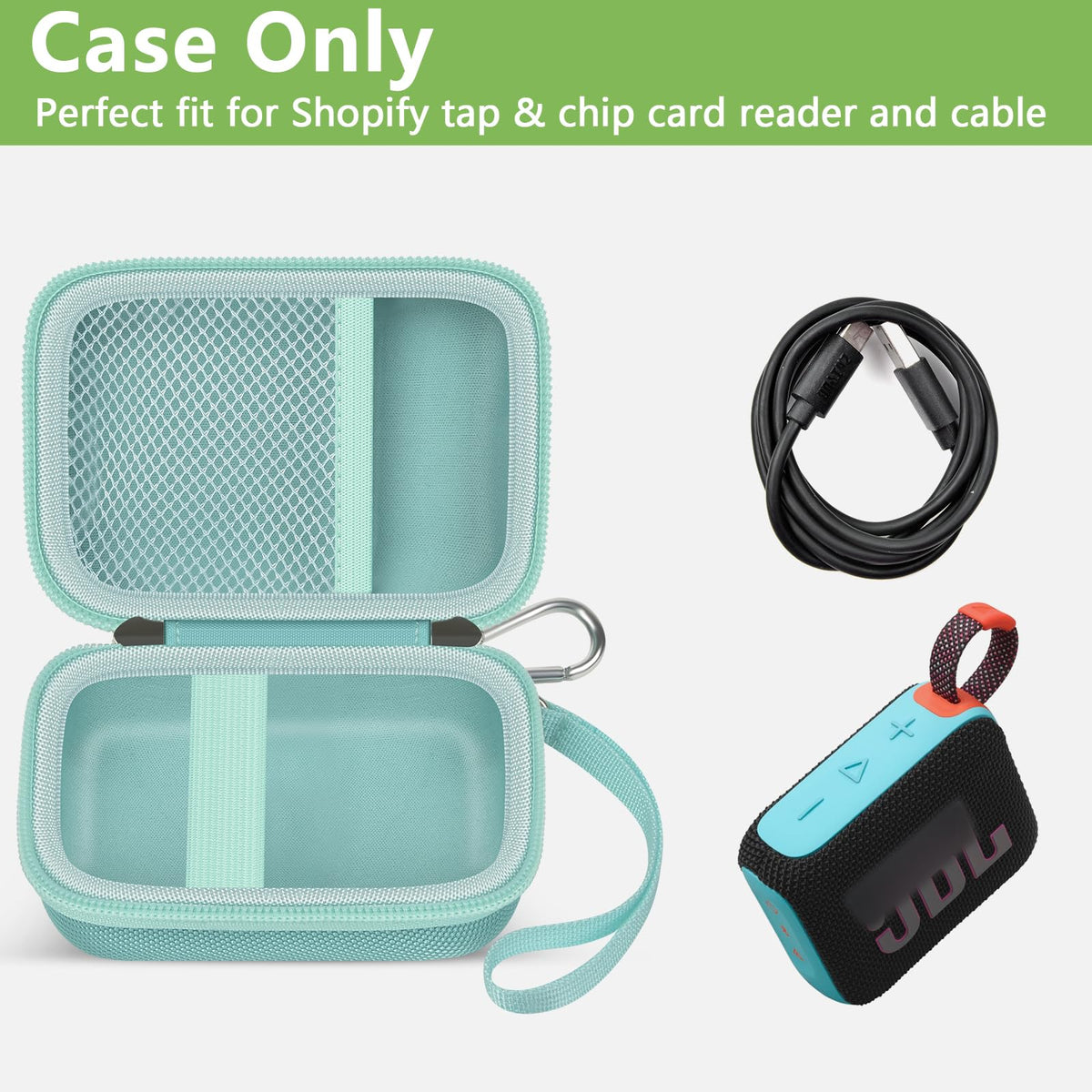 Open mint green for JBL Go speaker case with mesh cable pocket and elastic retaining strap; case only