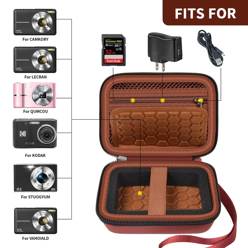 Open coral and brown compact camera case shown with compatible for Kodak, for Canon, and for Sony cameras