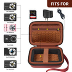 Open coral and brown compact camera case shown with compatible for Kodak, for Canon, and for Sony cameras