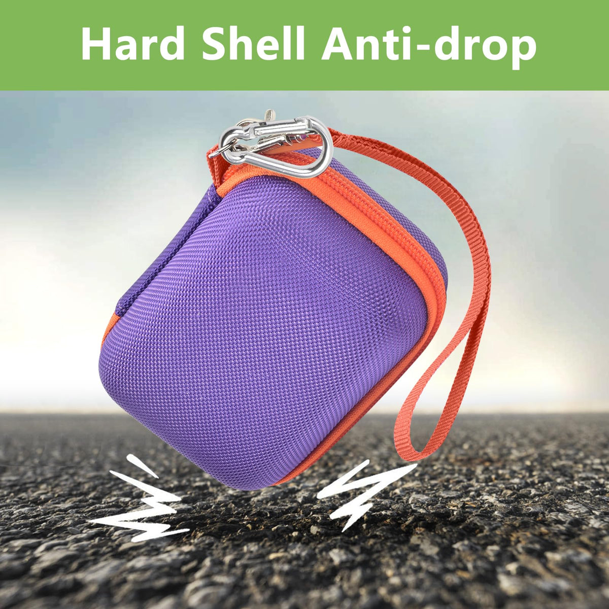 Purple and orange hard-shell for JBL Go speaker case demonstrating anti-drop protection