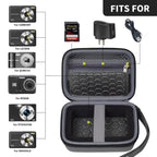 Open gray compact camera case shown with compatible for Kodak, for Canon, and for Sony cameras