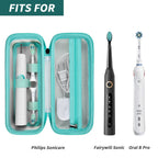 Open teal toothbrush case shown with compatible for Oral-B and for Philips Sonicare handles