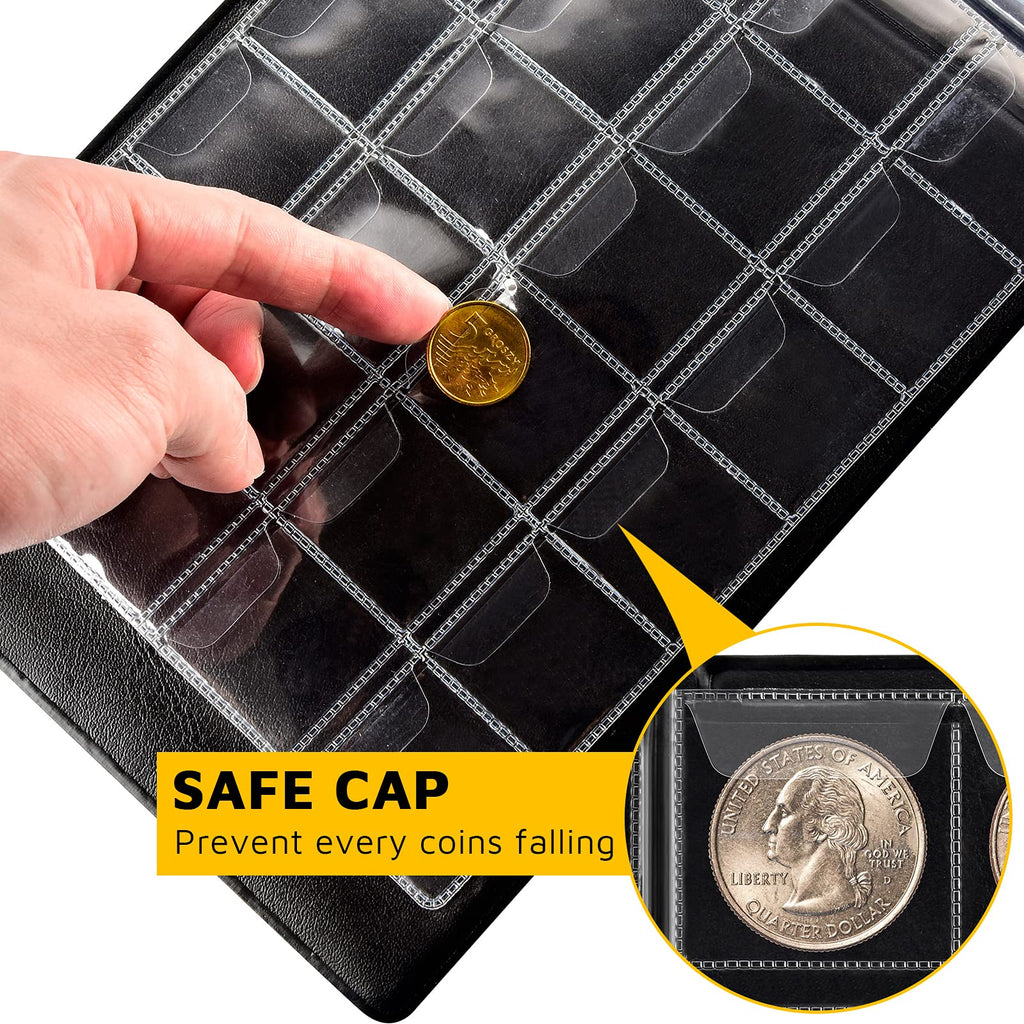 Protective pocket flap securing a coin inside the navy collection album