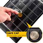 Protective pocket flap securing a coin inside the navy collection album
