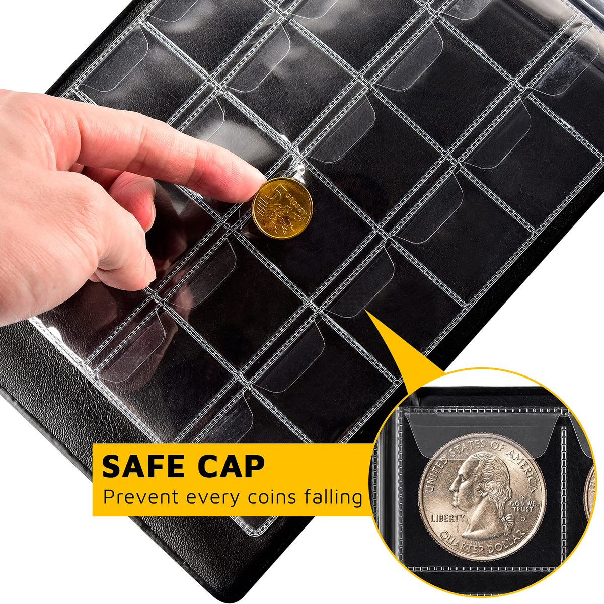 Protective pocket flap securing a coin inside the navy collection album