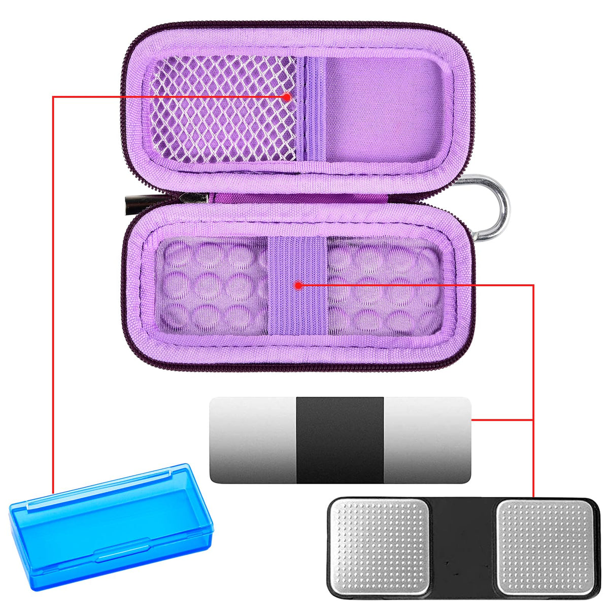 Open purple for KardiaMobile case with mesh pocket, sensor area, and accessory compartments