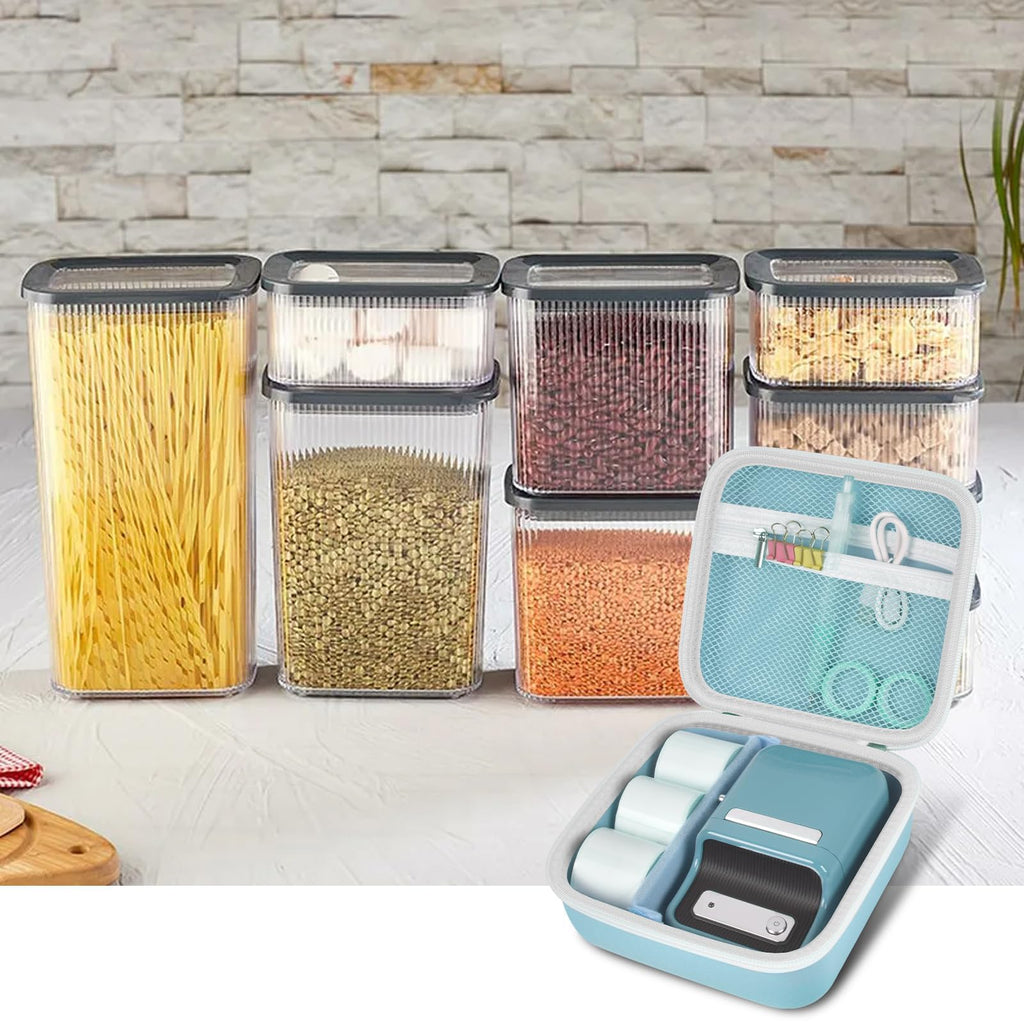 Open light blue for NIIMBOT case organizing a label maker and accessories in a kitchen