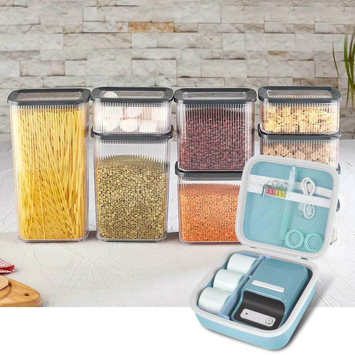 Open light blue for NIIMBOT case organizing a label maker and accessories in a kitchen