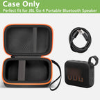 Open black and orange for JBL Go speaker case with mesh cable pocket and elastic retaining strap; case only