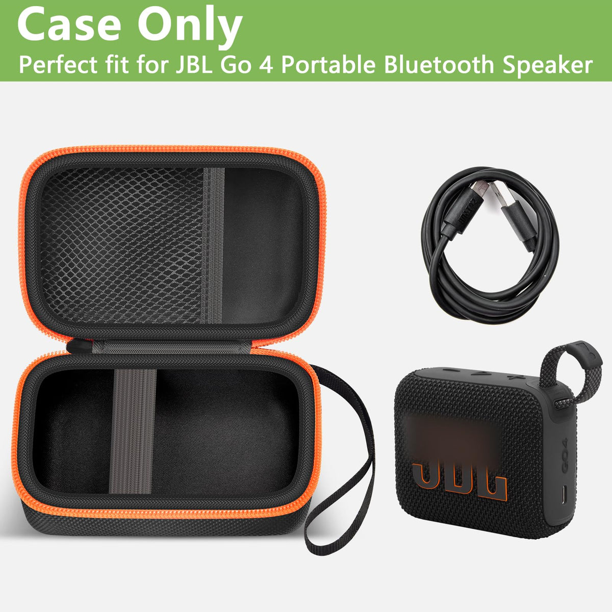 Open black and orange for JBL Go speaker case with mesh cable pocket and elastic retaining strap; case only