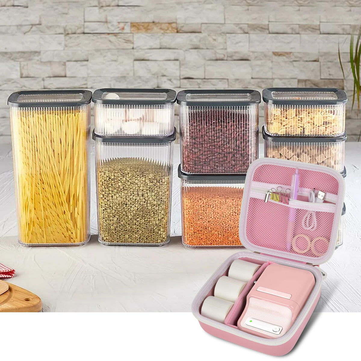Open pink for NIIMBOT case organizing a label maker and accessories in a kitchen