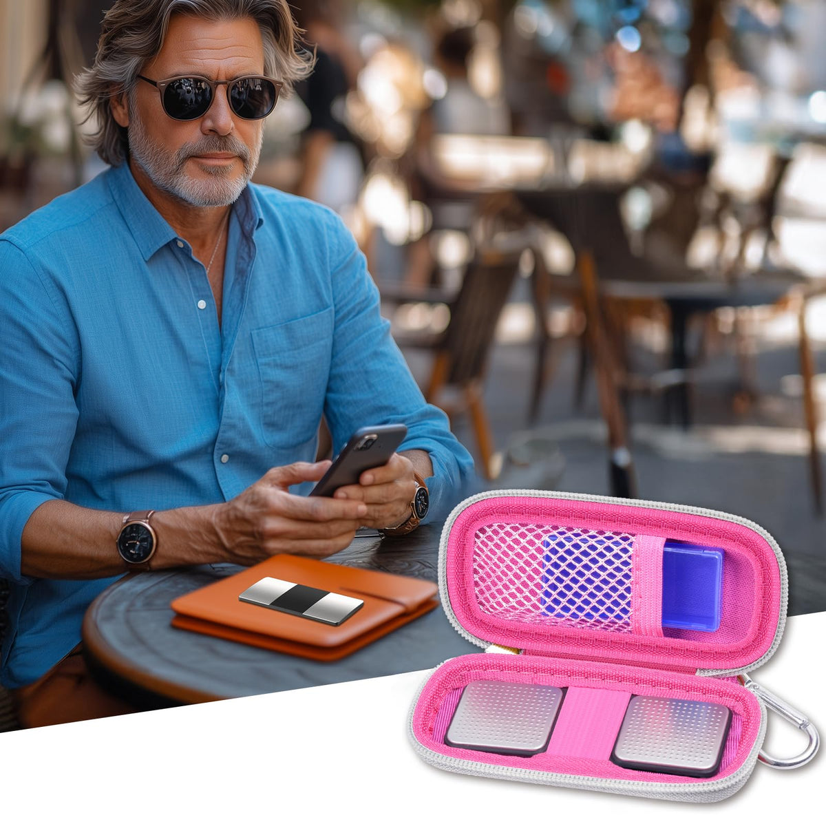 Open black for KardiaMobile case beside a heart monitor and accessory organizer