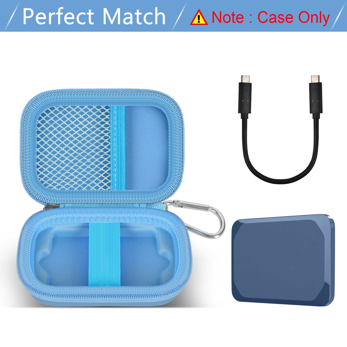 Open blue for Crucial X9 and X10 portable SSD case with mesh cable pocket and elastic strap; case only