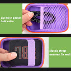 Purple and orange speaker case interior with mesh cable pocket and elastic strap holding a for JBL Go speaker