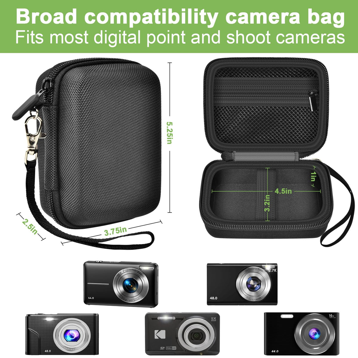 Black protective digital camera case compatibility and interior dimensions overview