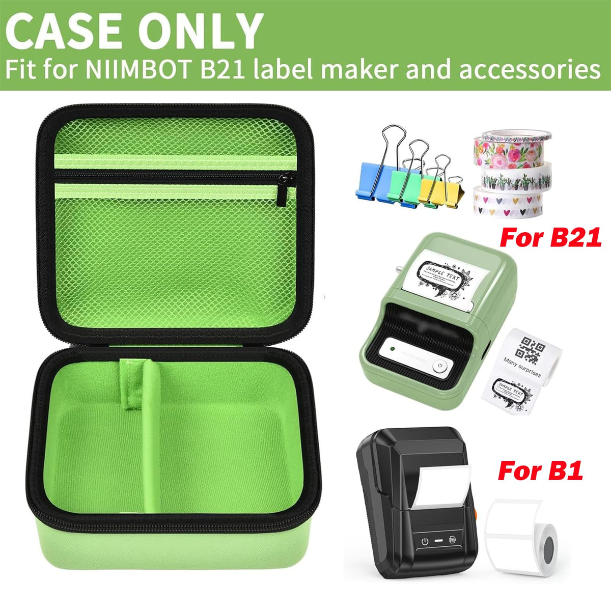 Open bright green for NIIMBOT B21 and B1 label maker case with mesh pocket and divided interior; case only