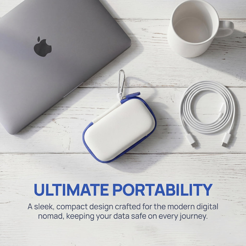 White for SanDisk portable SSD case on a desk, designed for travel portability