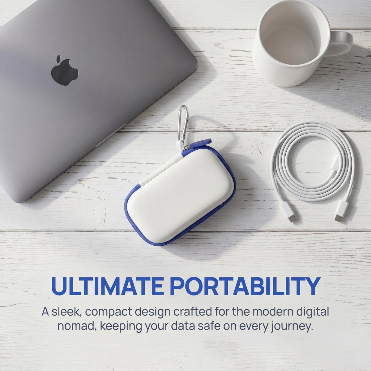 White for SanDisk portable SSD case on a desk, designed for travel portability