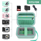 Open mint green compact camera case shown with compatible for Kodak, for Canon, and for Sony cameras