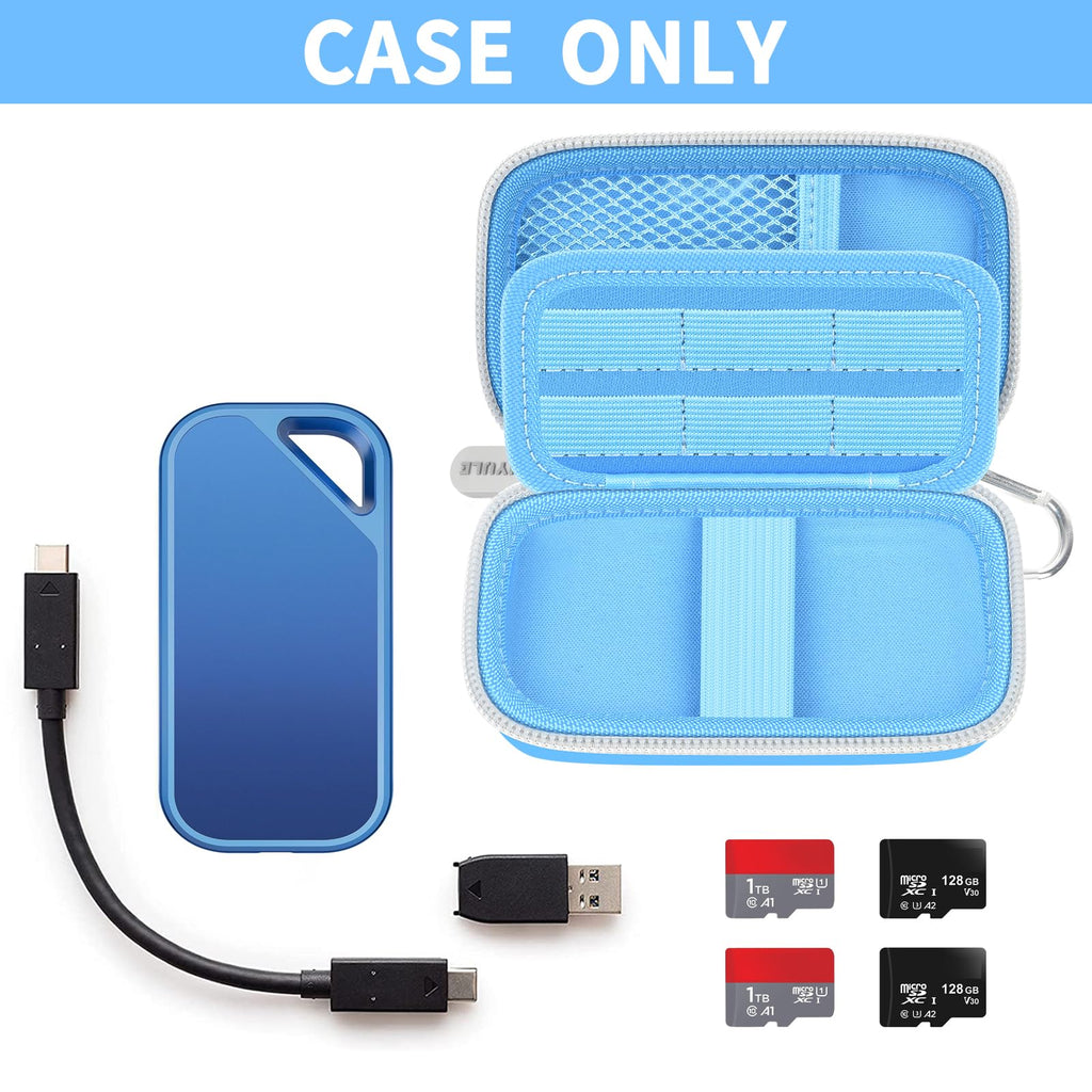 Open blue for SanDisk SSD case with portable drive, cable, and memory cards; case only