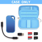 Open blue for SanDisk SSD case with portable drive, cable, and memory cards; case only