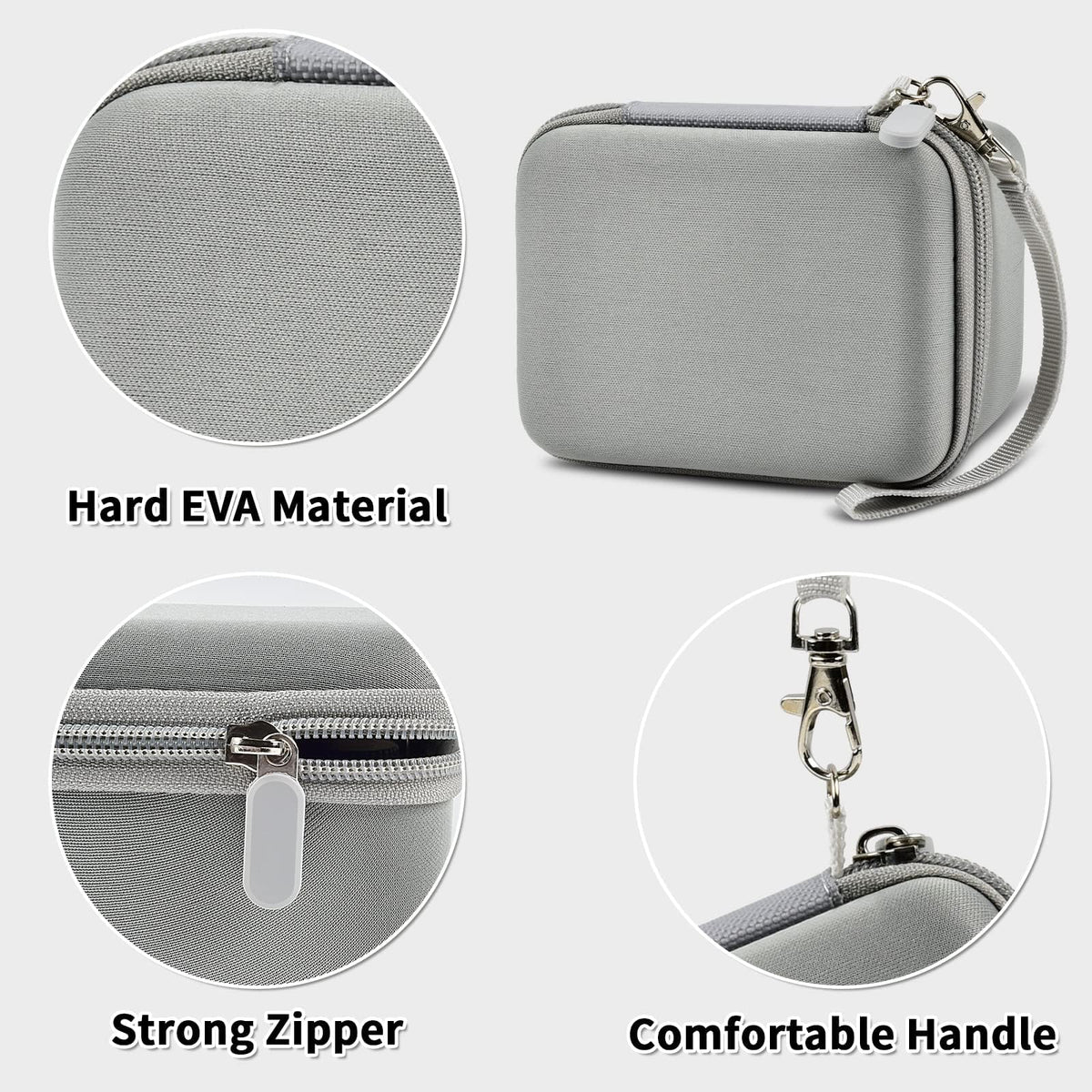 Gray camera case with hard EVA shell, strong zipper, and carrying strap