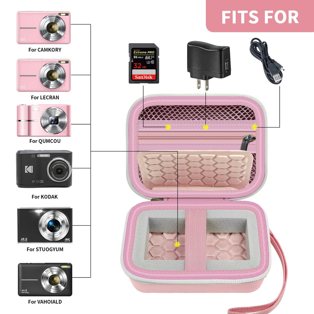 Open light pink compact camera case shown with compatible for Kodak, for Canon, and for Sony cameras