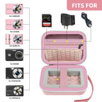 Open light pink compact camera case shown with compatible for Kodak, for Canon, and for Sony cameras