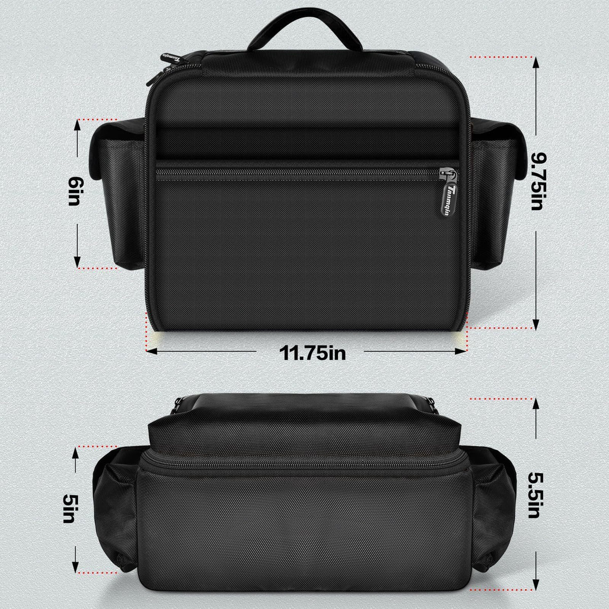 Black air compressor bag dimensions: 11.75 by 9.75 by 6 inches